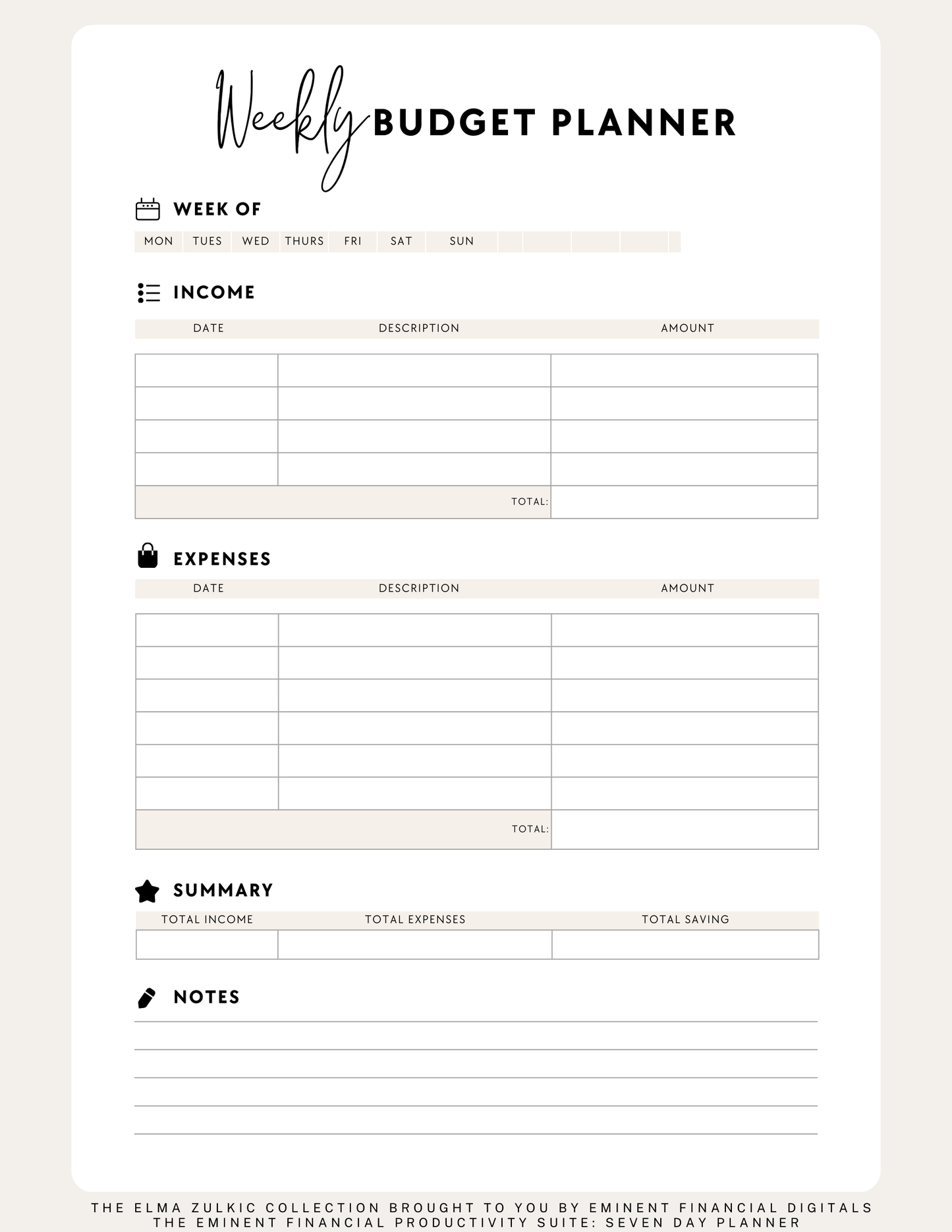 THE EMINENT FINANCIAL WEEKLY PAYCHECK BUDGET PLANNER