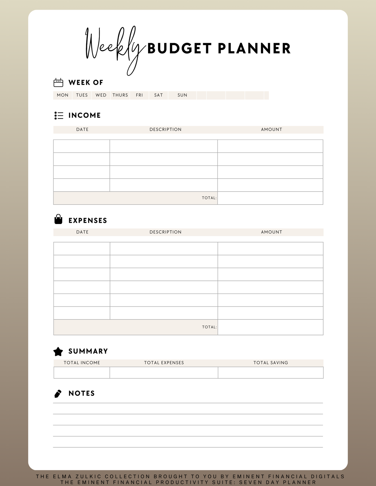 THE EMINENT FINANCIAL WEEKLY PAYCHECK BUDGET PLANNER