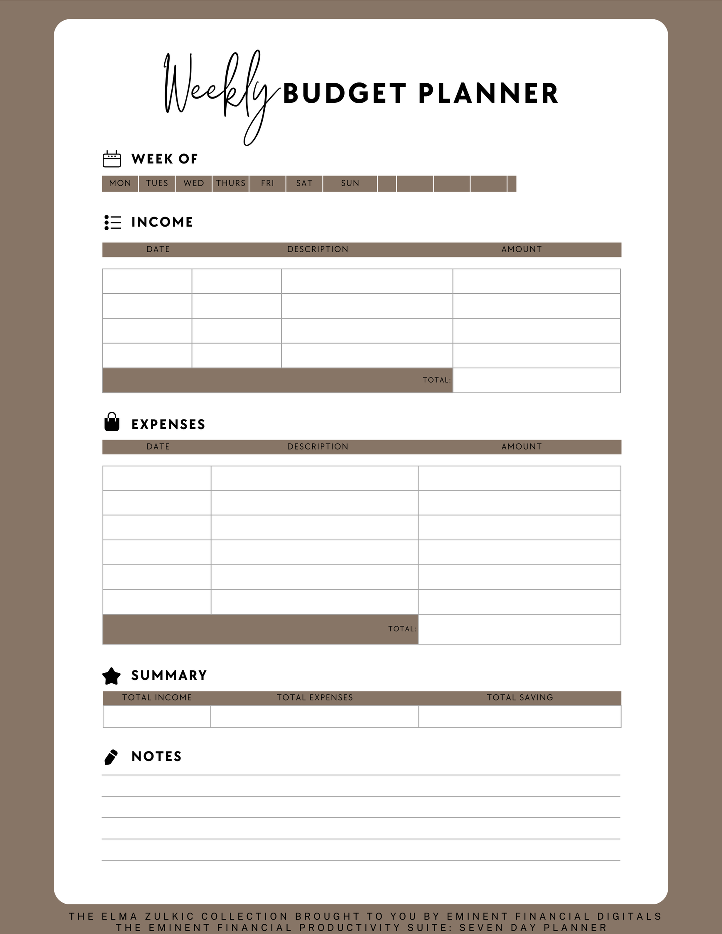 THE EMINENT FINANCIAL WEEKLY PAYCHECK BUDGET PLANNER