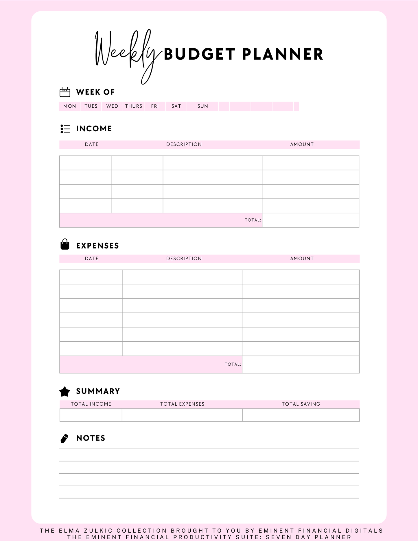 THE EMINENT FINANCIAL WEEKLY PAYCHECK BUDGET PLANNER