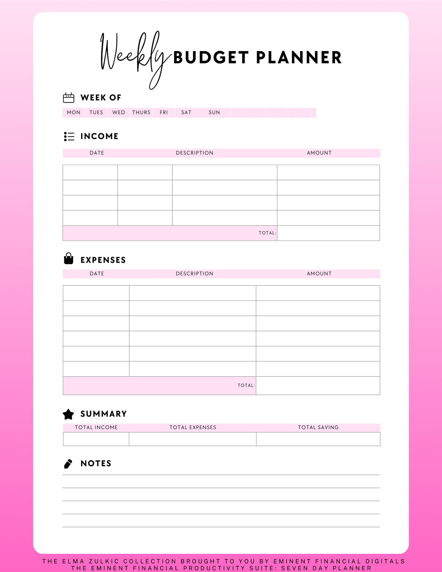 THE EMINENT FINANCIAL WEEKLY PAYCHECK BUDGET PLANNER