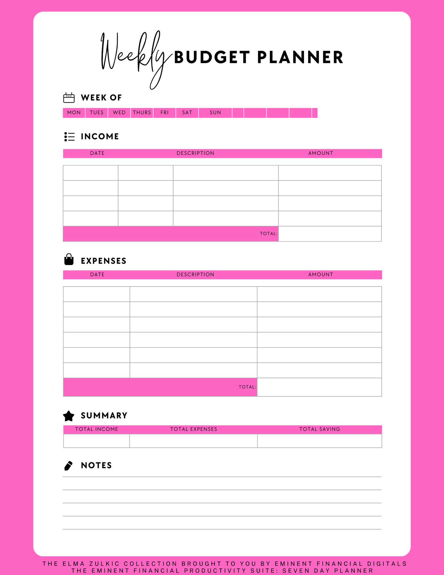 THE EMINENT FINANCIAL WEEKLY PAYCHECK BUDGET PLANNER