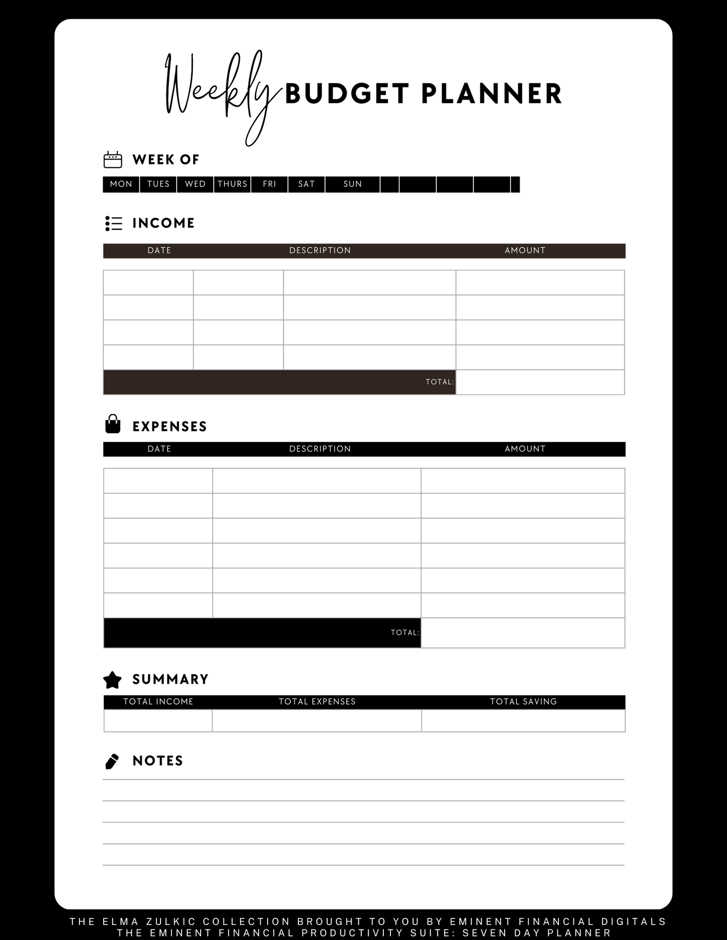 THE EMINENT FINANCIAL WEEKLY PAYCHECK BUDGET PLANNER